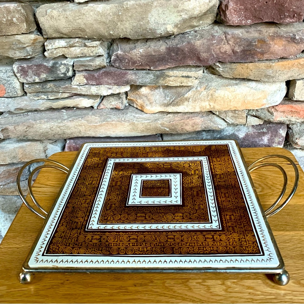 VTG Ernest Sohn MCM Trivet Tray Ceramic Tile Brass Frame W. Germany Barware